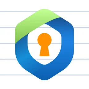 Acyntria Notes app icon: a blue and green hexagon around a shield with an orange keyhole
