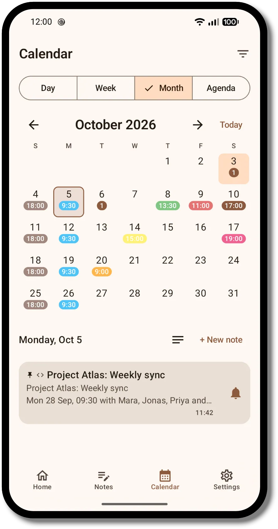 Acyntria Notes calendar in month view, with timed reminders on several days and one note listed for the selected day