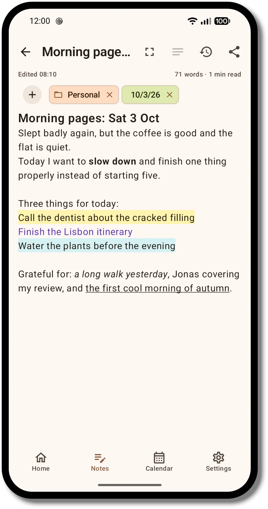 Acyntria Notes editor showing a note with a bold phrase, highlighted lines, colored text, italics and underline