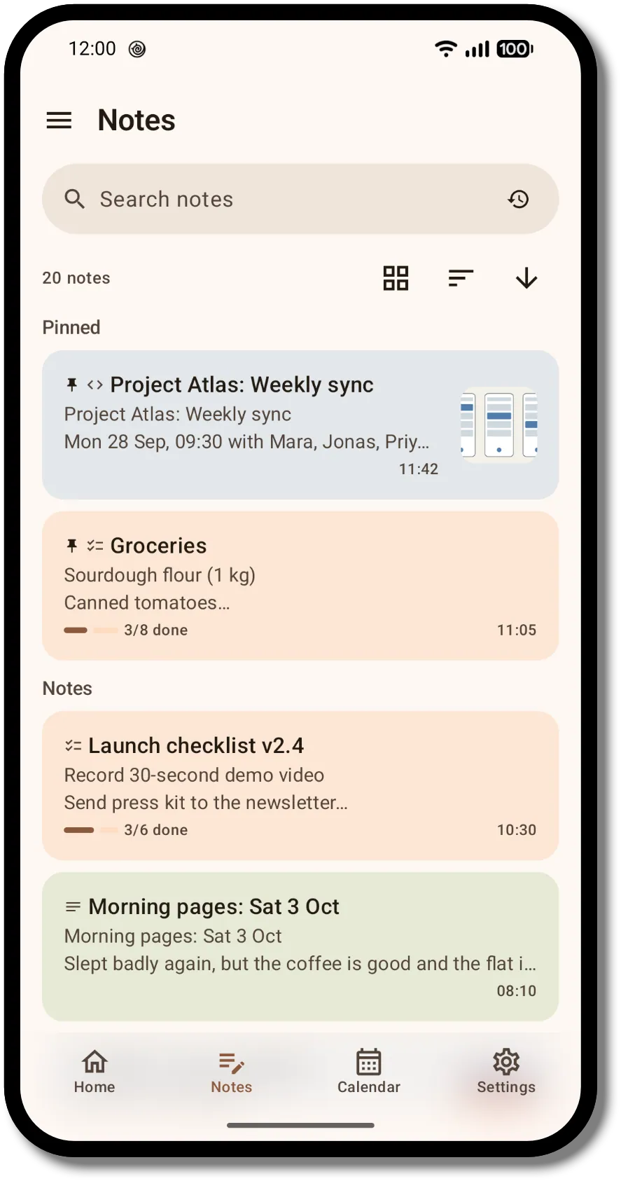 Acyntria Notes list of notes, with a search bar, a pinned section, color-coded notes and to-do progress